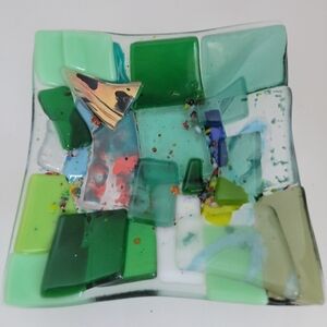 Modern Art Fused Glass Ashtray Colorful Geometric Design, Trinket Dish